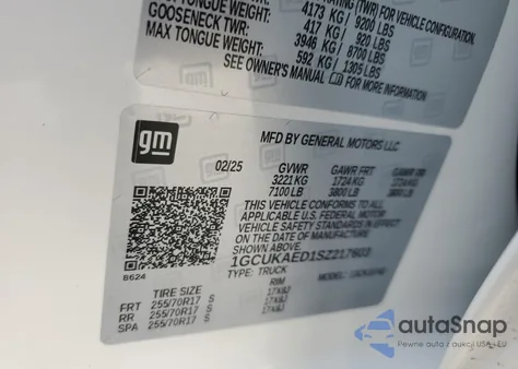 2025 Chevrolet Silverado K1500 from USA, damaged, VIN 1GCUKAED1SZ217603